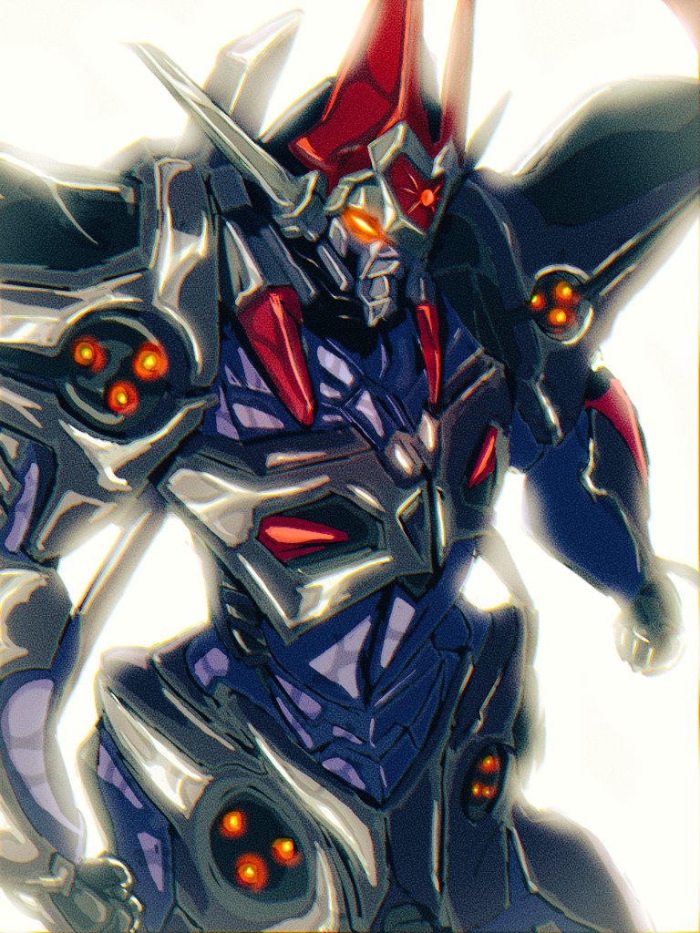 clenched_hands, dangaioh_hyper_combat_unit, dangaiou, from_above, glowing, glowing_eye, looking_ahead, mecha, naru_(sandanme), no_humans, orange_eyes, robot, science_fiction, solo, super_robot, white_background