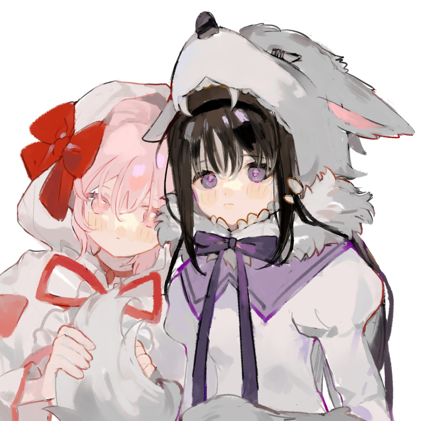 2girls, akemi_homura, alternate_costume, animal_costume, animal_hands, animal_hood, bangs, black_hair