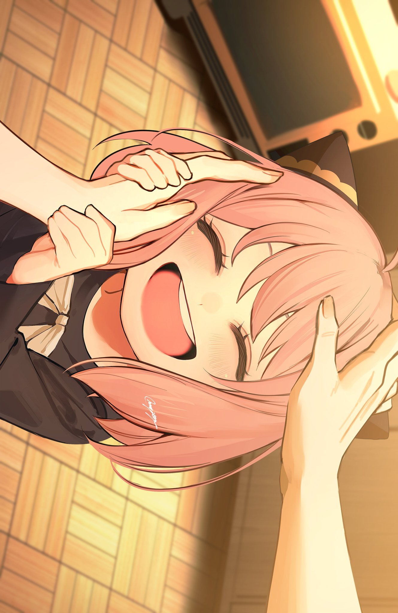1girl, 1other, ^_^, ahoge, anya_(spy_x_family), artist_name, child, closed_eyes, commentary_request, facing_viewer, female_child, hairpods, hands_on_another's_head, happy, headpat, highres, long_sleeves, mugi_oyasumi, open_mouth, pink_hair, pov, pov_hands, short_hair, sideways, signature, spy_x_family, teeth, upper_teeth