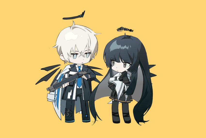 1boy, 1girl, absurdres, arknights, arturia_(arknights), bangs, black_footwear, black_hair, black_jacket, black_pants, black_pantyhose, black_skirt, black_wings, blue_eyes, blue_necktie, chibi, closed_mouth, collared_shirt, detached_wings, executor_(arknights), eyebrows_hidden_by_hair, grey_eyes, grey_hair, gun, hair_between_eyes, halo, highres, holding, holding_gun, holding_weapon, jacket, long_hair, necktie, open_clothes, open_jacket, pants, pantyhose, pe902, pleated_skirt, shirt, shoes, simple_background, skirt, very_long_hair, weapon, white_shirt, wings, yellow_background