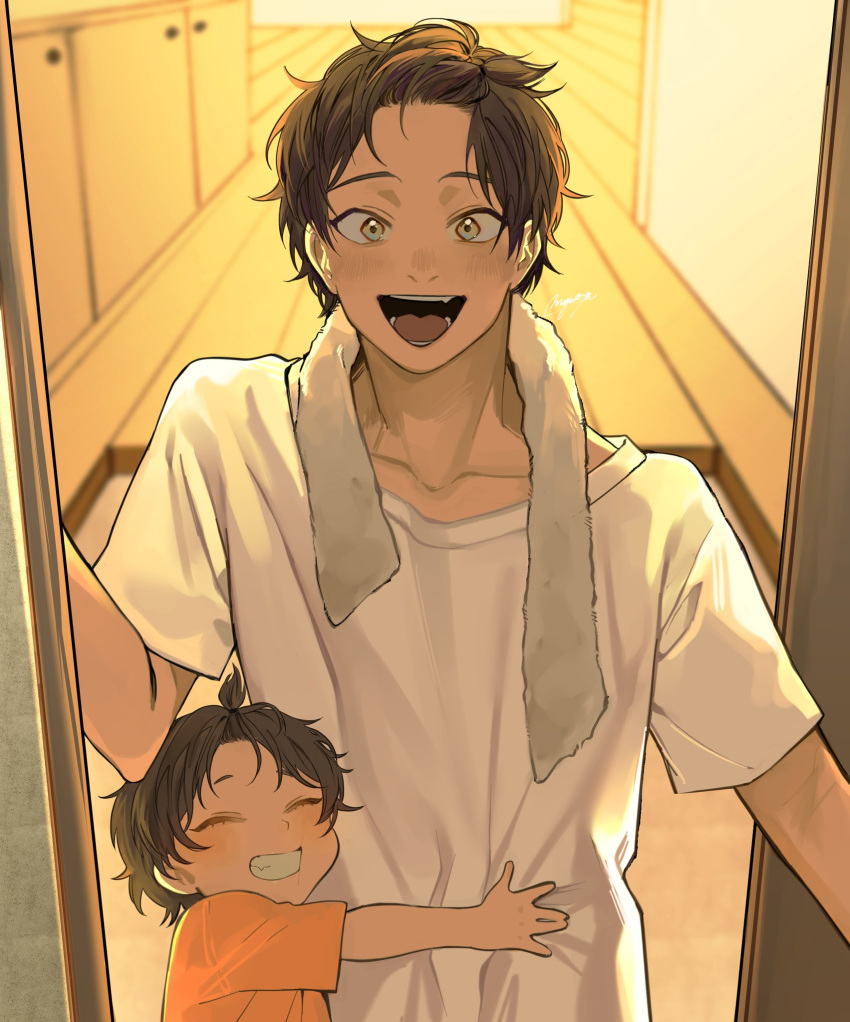2boys, artist_name, blurry, blurry_background, character_request, collarbone, copyright_request, doorway