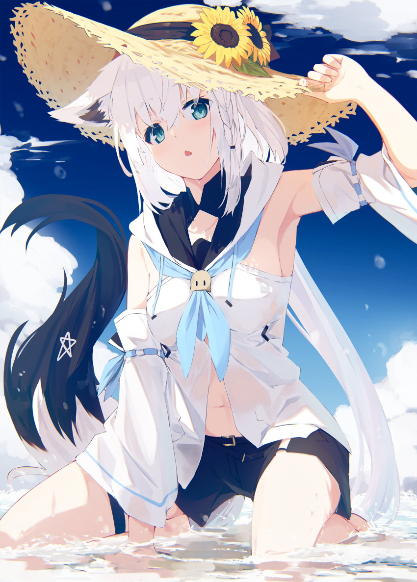1girl, ahoge, animal_ear_fluff, animal_ears, aqua_eyes, armpits, bangs, bare_shoulders