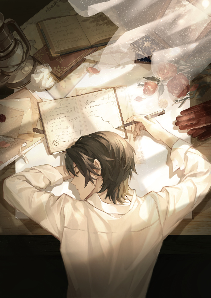 1boy, absurdres, bangs, black_hair, book, chinese_commentary, closed_eyes, commentary_request