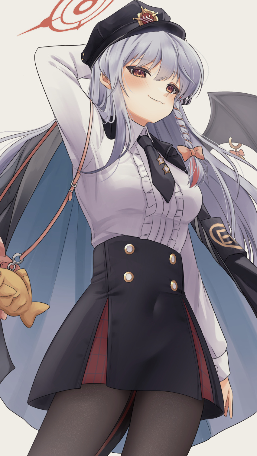 1girl, absurdres, arm_behind_head, arm_up, black_coat, black_headwear, black_necktie, black_skirt