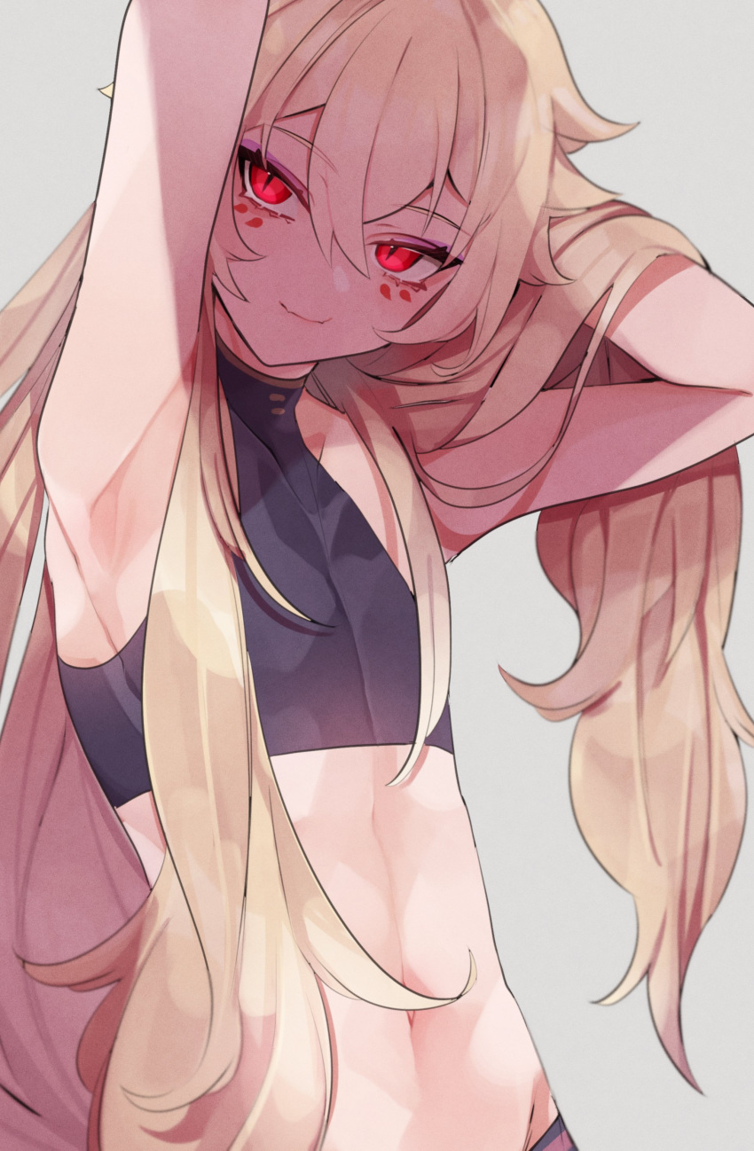 1boy, absurdres, androgynous, arm_support, bishounen, blonde_hair, crop_top, facial_mark