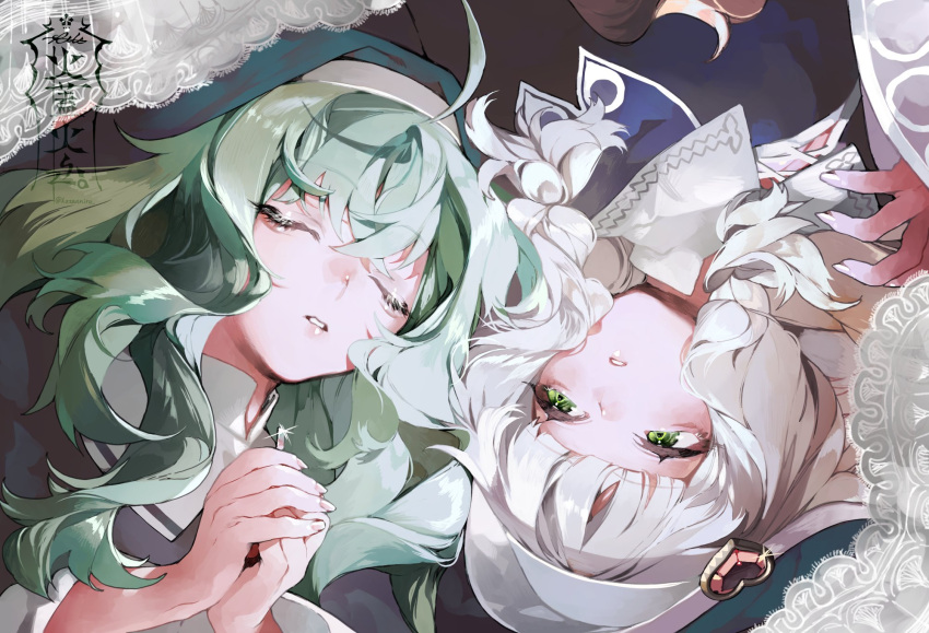2girls, ahoge, blonde_hair, closed_eyes, commentary, eyelashes, gabriel_(housamo), glint
