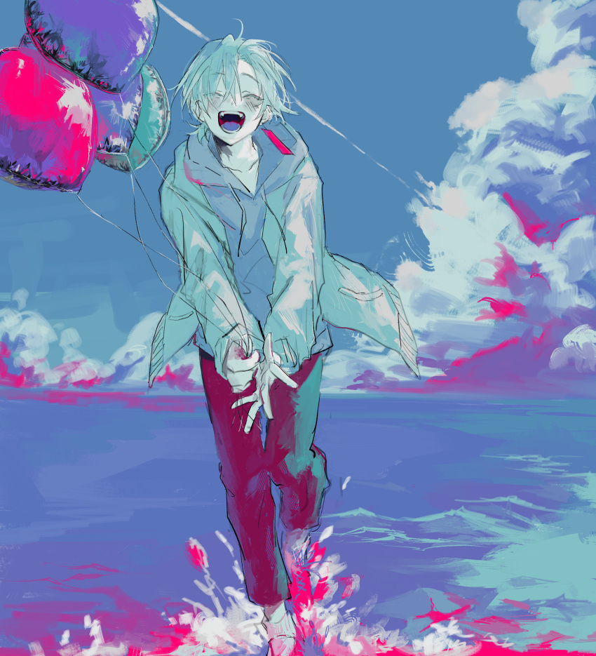 1boy, ahoge, balloon, blush, closed_eyes, clouds, cloudy_sky, collarbone