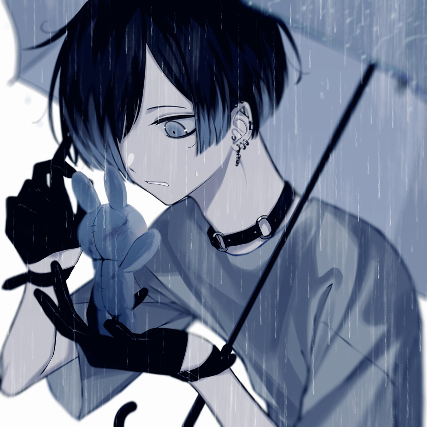 1boy, alare32446233, arm_up, black_choker, black_gloves, blue_eyes, blue_hair, blurry