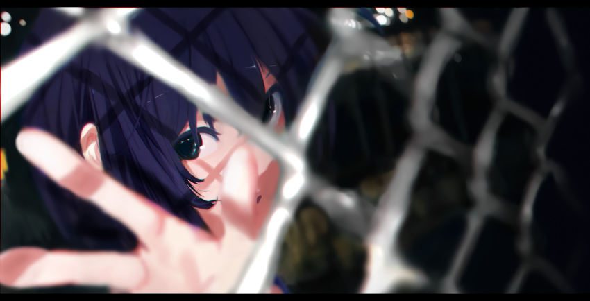 1girl, absurdres, black_eyes, blue_hair, blurry, blurry_background, blurry_foreground, chain-link_fence