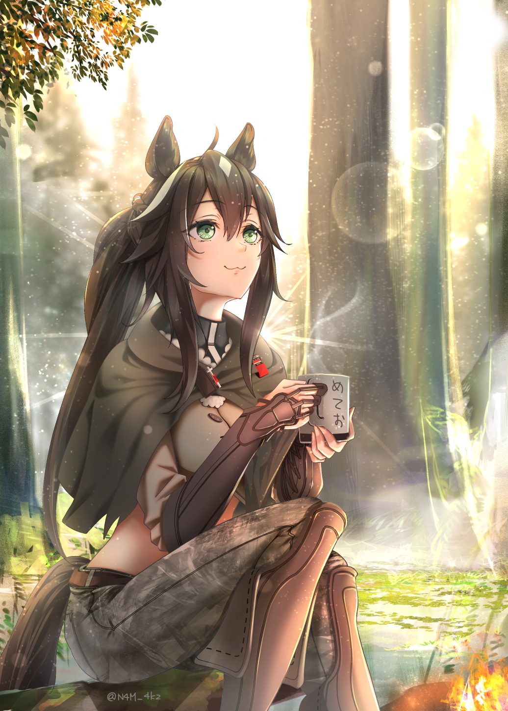1girl, animal_ears, arknights, bangs, belt, black_hair, cloak, cup