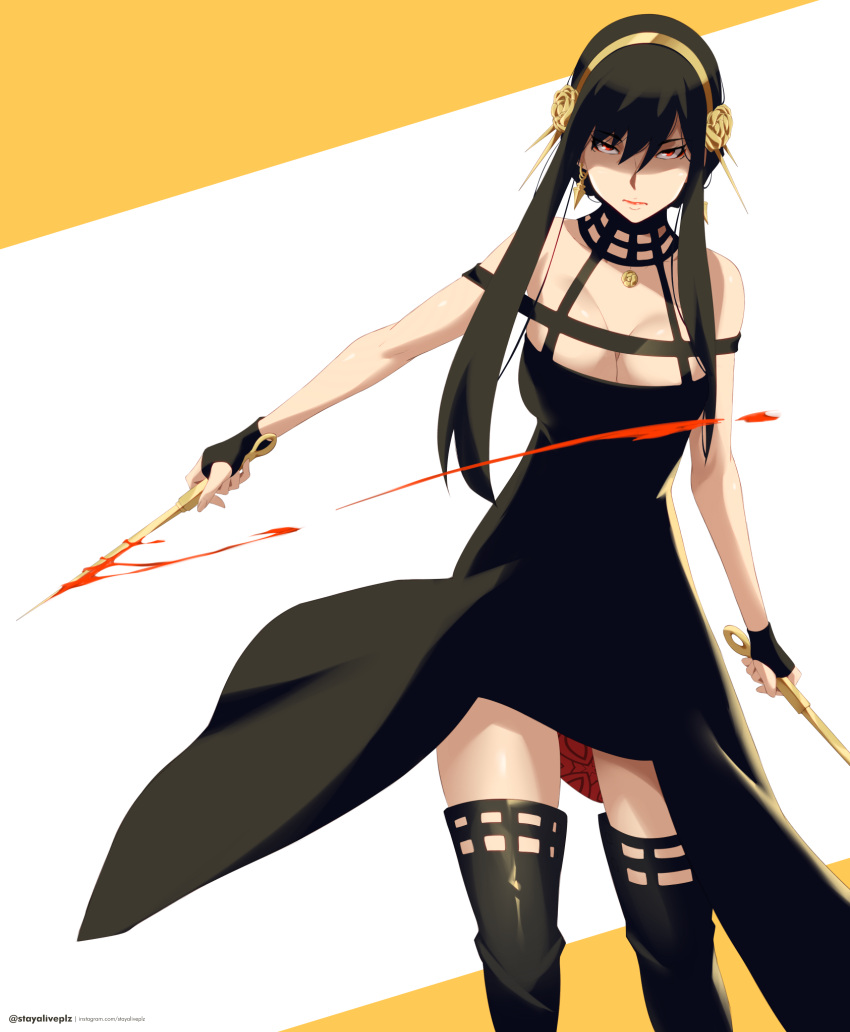 1girl, absurdres, black_dress, black_footwear, black_gloves, black_hair, blood, blood_on_weapon
