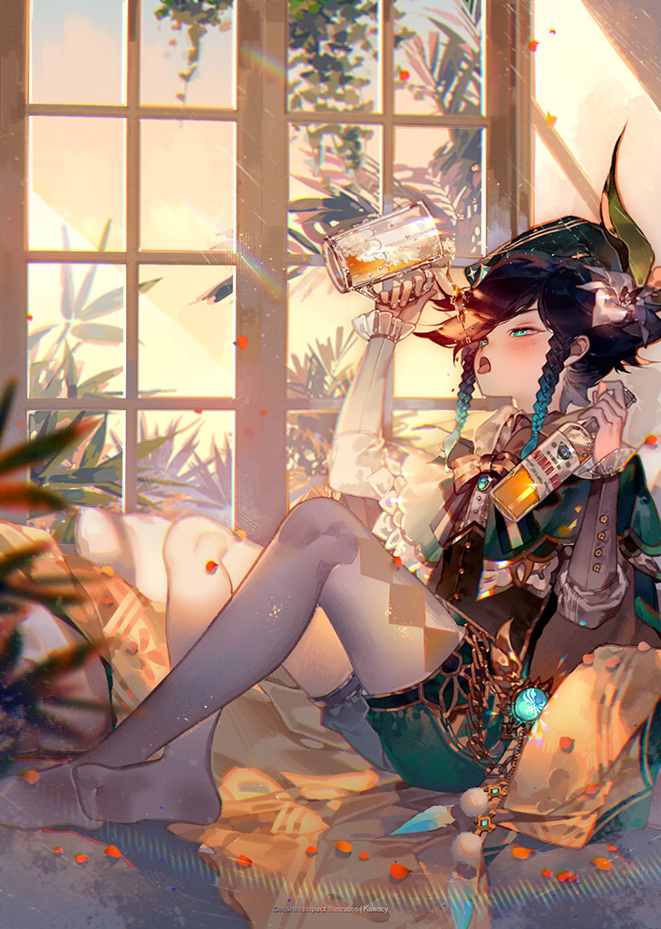 1boy, alcohol, arm_up, bangs, bed, beer, beer_bottle, black_hair, black_vest, blue_hair, blush, bottle, bow, bowtie, braid, brown_bow, brown_bowtie, buttons, capelet, collared_shirt, crystal_print, flower, frills, gem, genshin_impact, glass, gradient, gradient_hair, gradient_sky, green_capelet, green_eyes, green_gemstone, green_headwear, green_shorts, grey_pantyhose, hair_flower, hair_ornament, hands_up, hat, hat_ornament, indoors, jewelry, kawacy, leaf, leaf_hat_ornament, long_sleeves, looking_up, multicolored_hair, no_shoes, on_bed, open_mouth, otoko_no_ko, pantyhose, pillow, pink_sky, plant, pom_pom_(clothes), shadow, shirt, short_hair, shorts, sitting, sitting_on_bed, sky, solo, sparkle, striped, striped_bow, striped_bowtie, sunlight, sunset, tongue, tongue_out, twin_braids, venti_(genshin_impact), vest, wall, white_flower, white_shirt, window, yellow_bow, yellow_bowtie, yellow_sky