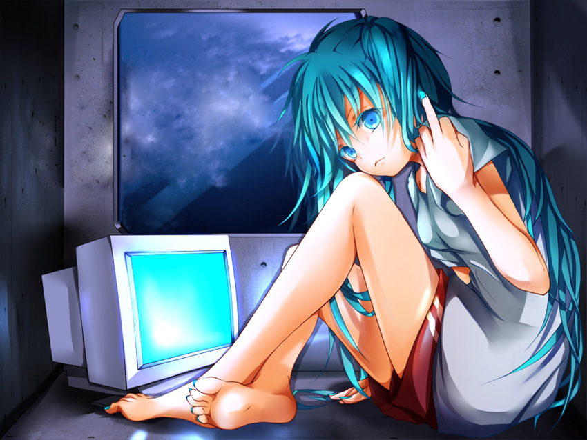 1girl, barefoot, blue_eyes, blue_fingernails, blue_hair, blue_toenails, computer, computer_monitor