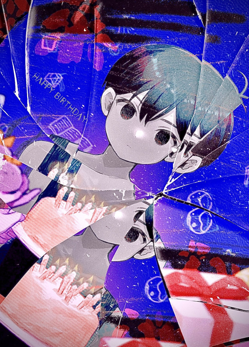 1boy, birthday_cake, black_eyes, black_hair, cake, candle, cb_ge000, closed_mouth