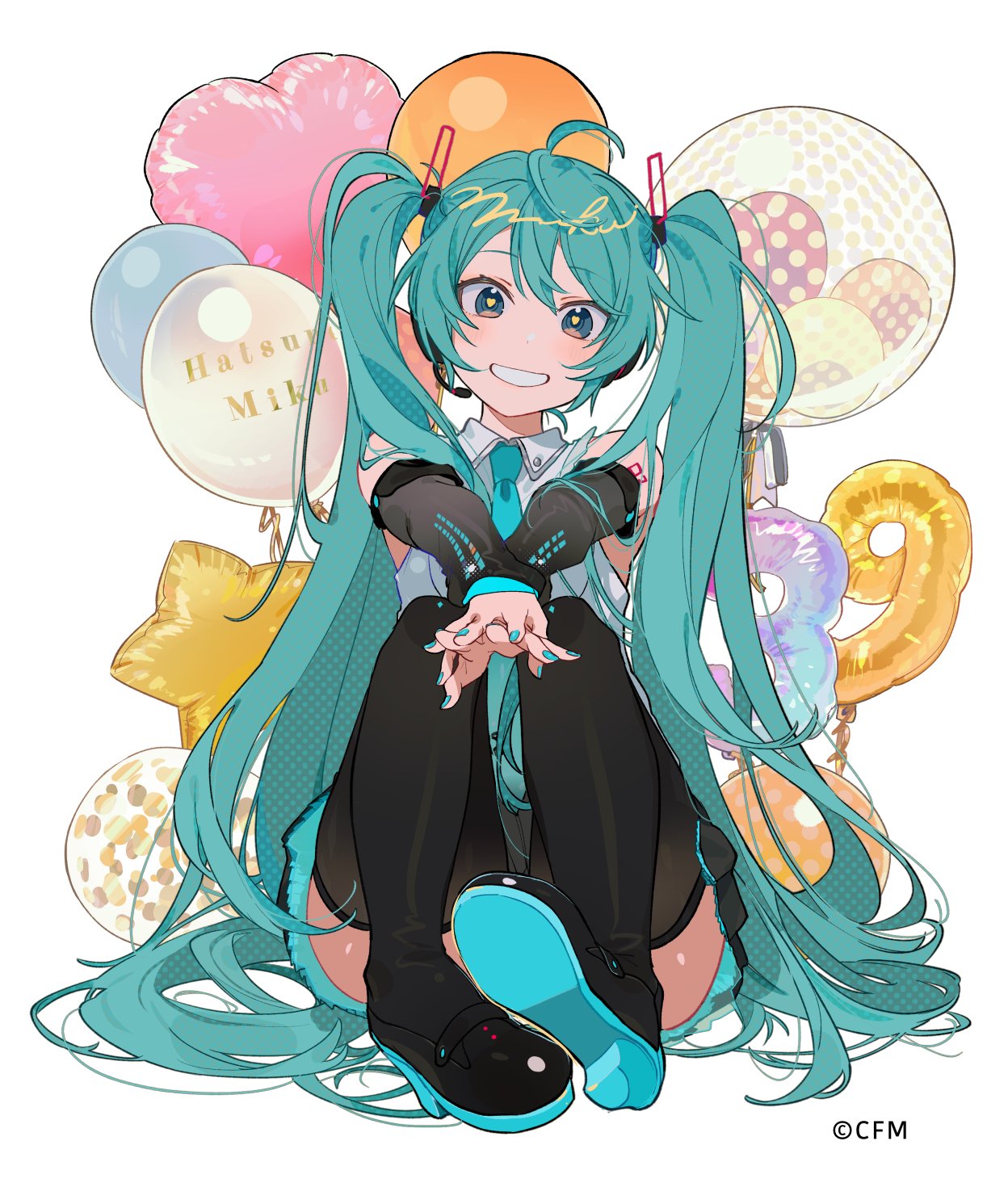 1girl, 39, :d, aqua_eyes, aqua_hair, aqua_nails, aqua_necktie, balloon