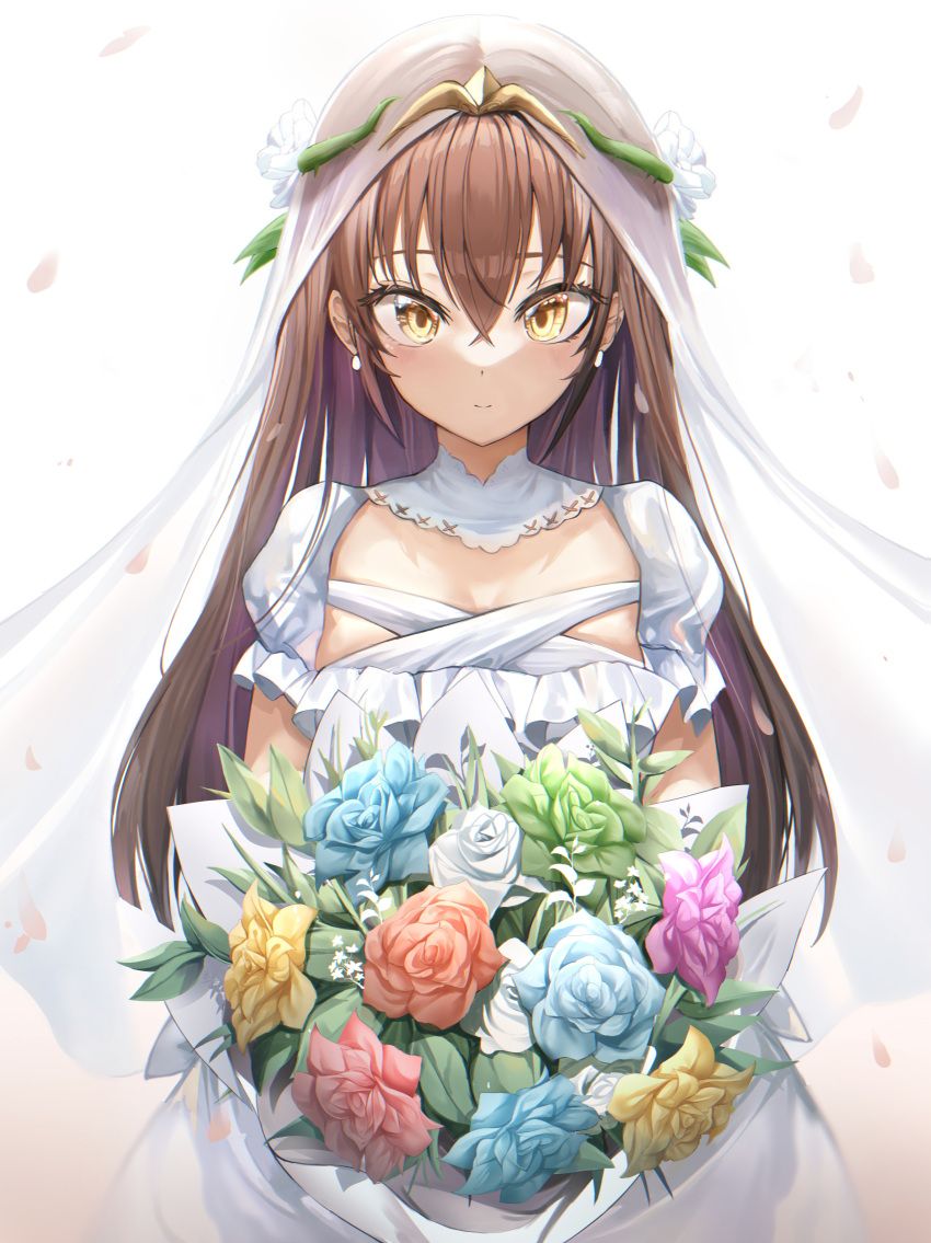 1girl, absurdres, blue_flower, blue_rose, bouquet, bridal_veil, brown_eyes, brown_hair