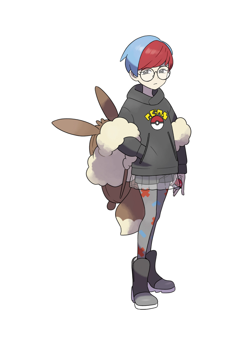1girl, absurdres, artist_request, backpack, bag, black_footwear, black_hoodie, blue_eyes