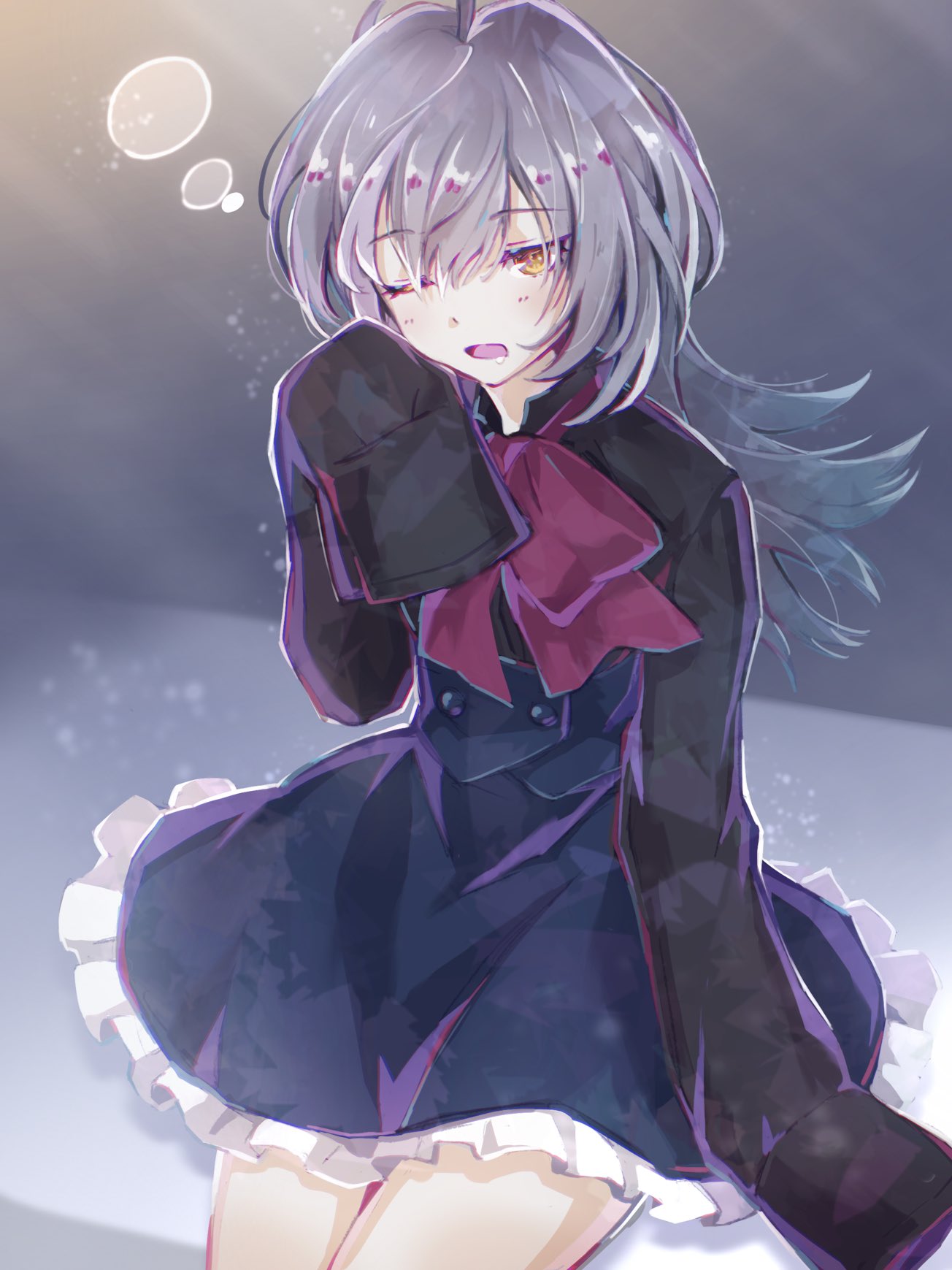 1girl, ahoge, arm_at_side, assault_lily, bangs, black_shirt, blue_skirt, bow