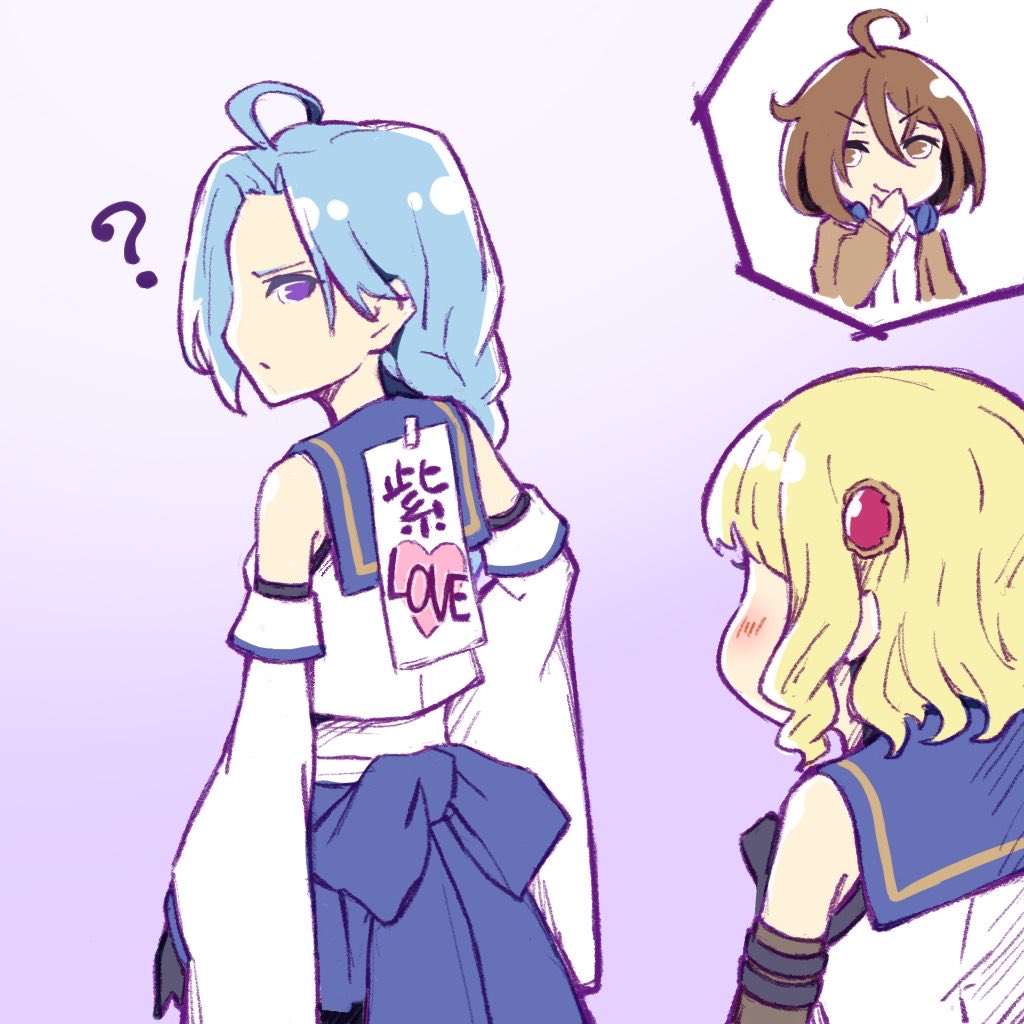 3girls, ?, ahoge, arm_at_side, arm_belt, assault_lily, back_bow, bangs