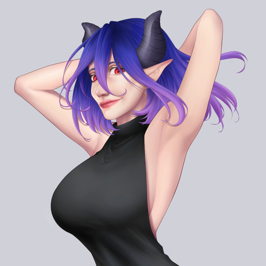 1girl, armpits, black_hair, breasts, clip_studio_paint_(medium), cute_girlfriend, demon_girl, demon_horns