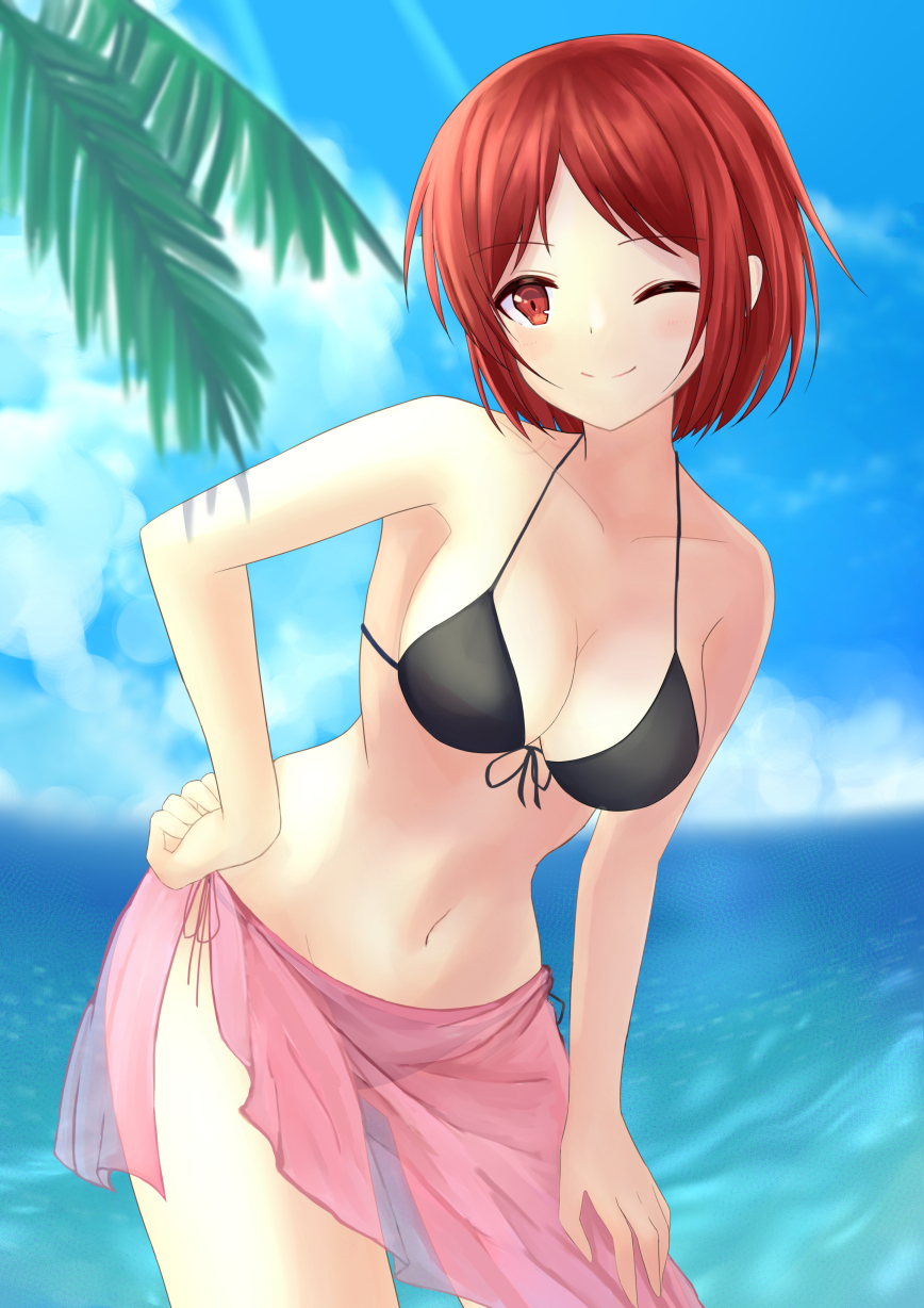 1girl, ;), alternate_costume, bikini, black_bikini, blush, breasts, closed_mouth, el_(el406), fire_emblem, fire_emblem:_three_houses, fire_emblem_warriors:_three_hopes, hair_ornament, highres, long_hair, looking_at_viewer, monica_von_ochs, official_alternate_hairstyle, one_eye_closed, red_eyes, redhead, sarong, see-through, short_hair, simple_background, smile, swimsuit, upper_body