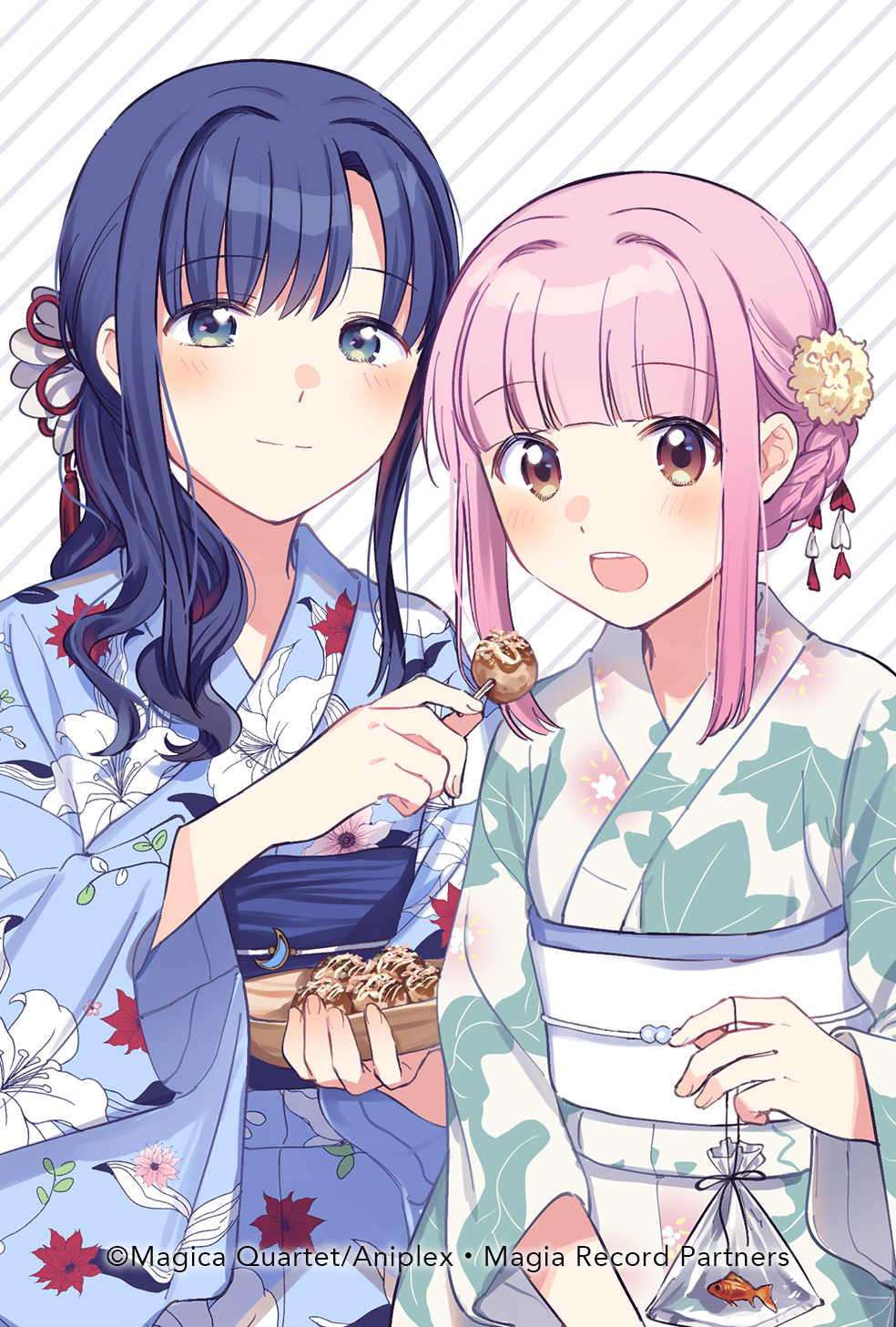 2girls, aqua_kimono, bag, bagged_fish, bangs, beads, blue_eyes, blue_hair