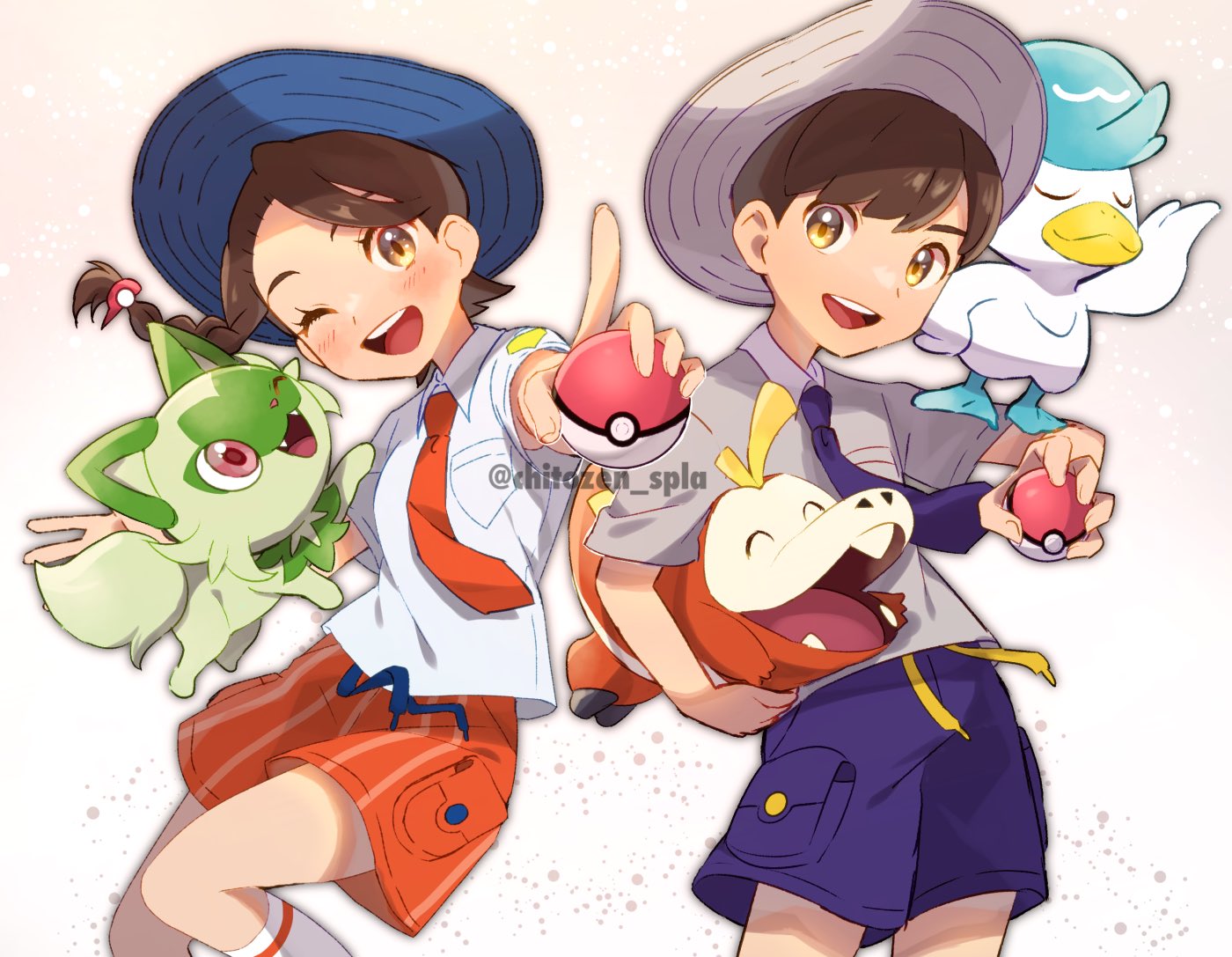 1boy, 1girl, ;d, blue_headwear, blush, braid, brown_eyes, brown_hair