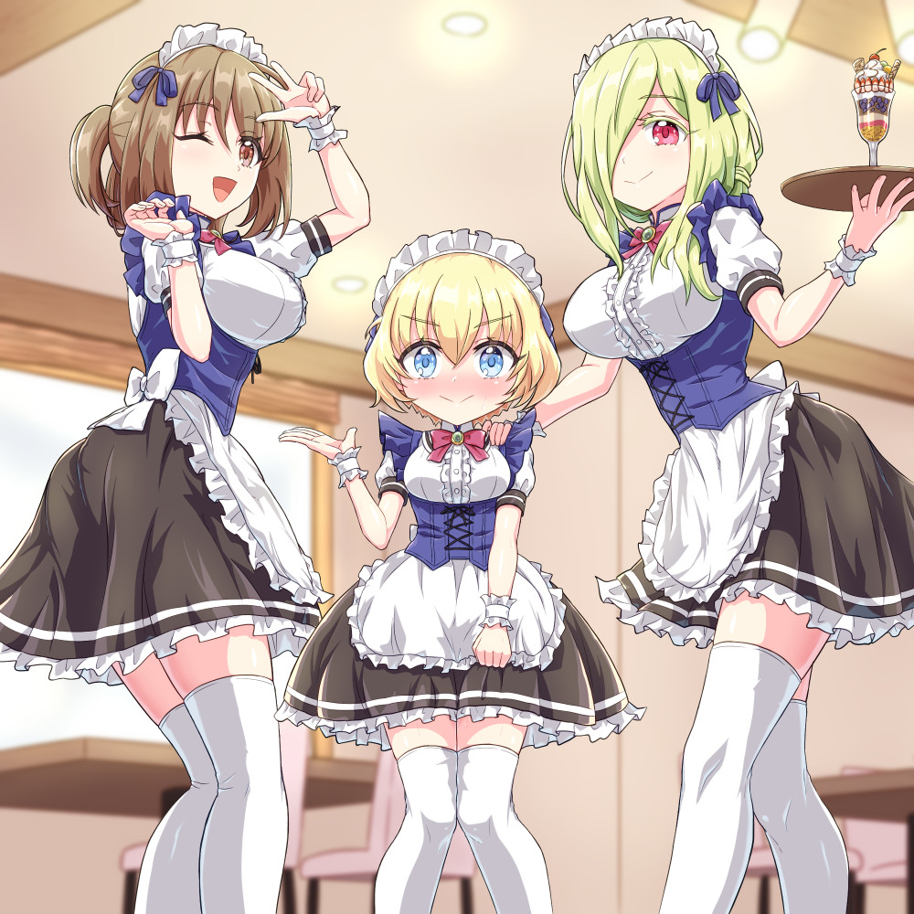 3girls, alternate_costume, bad_link, blonde_hair, blue_eyes, blush, breasts, brown_eyes