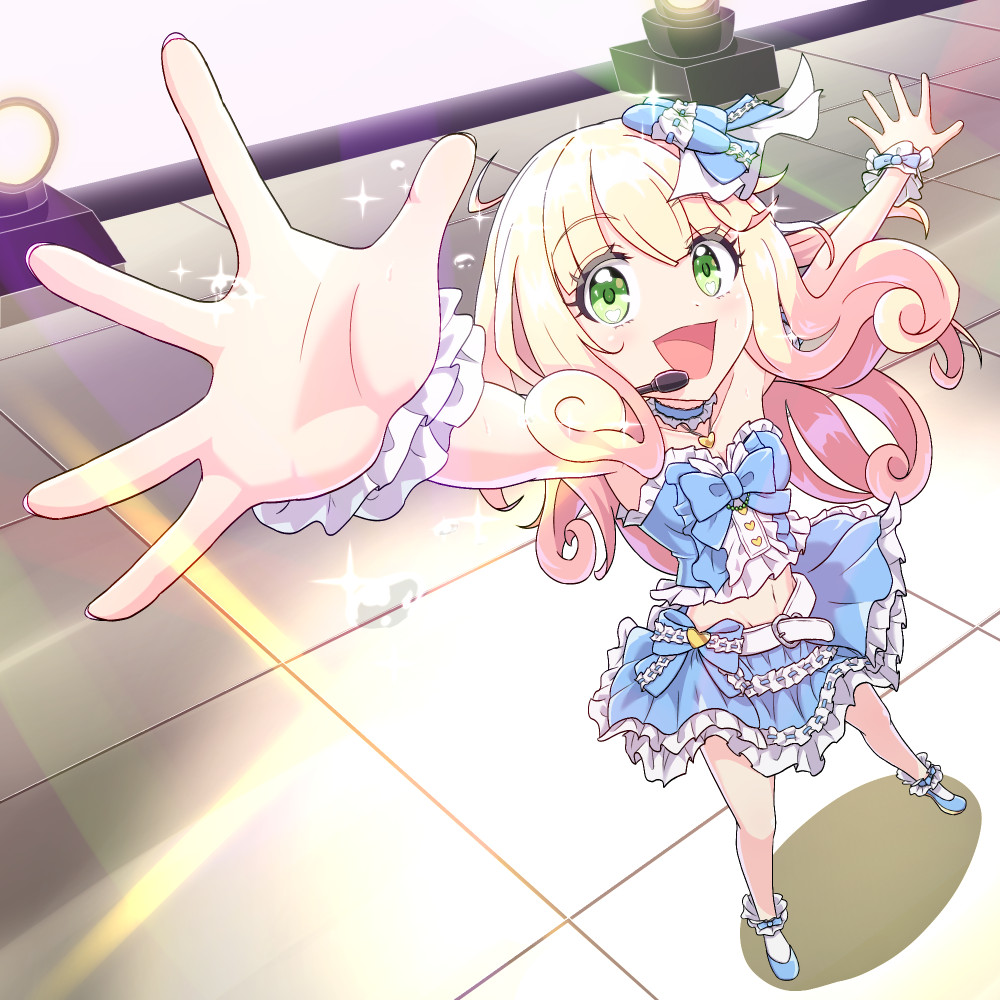 1girl, bad_link, blonde_hair, blue_choker, blue_skirt, blush, breasts, choker