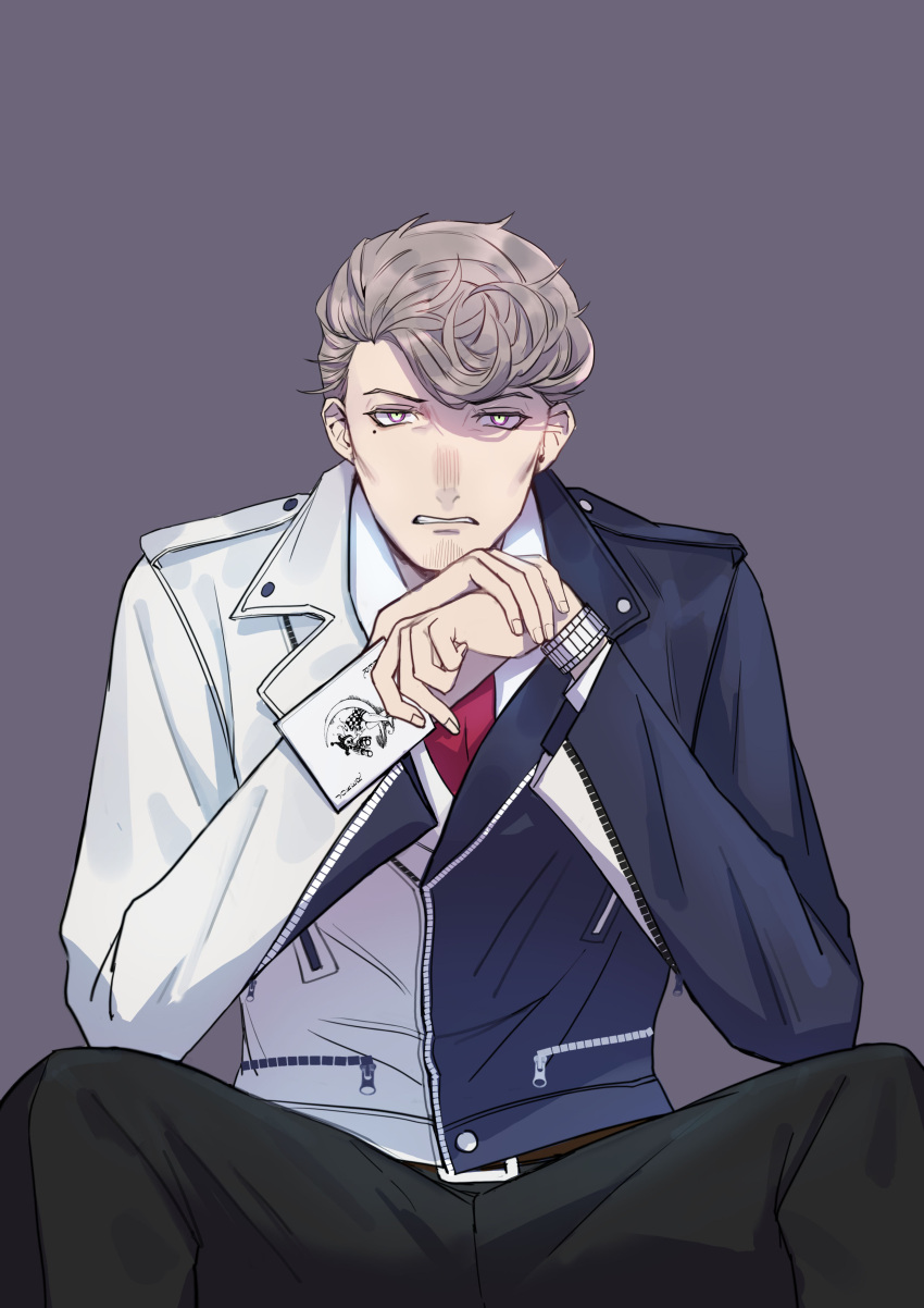 1boy, absurdres, amaguni_hitoya, black_pants, card, facial_hair, fishfall, grey_background