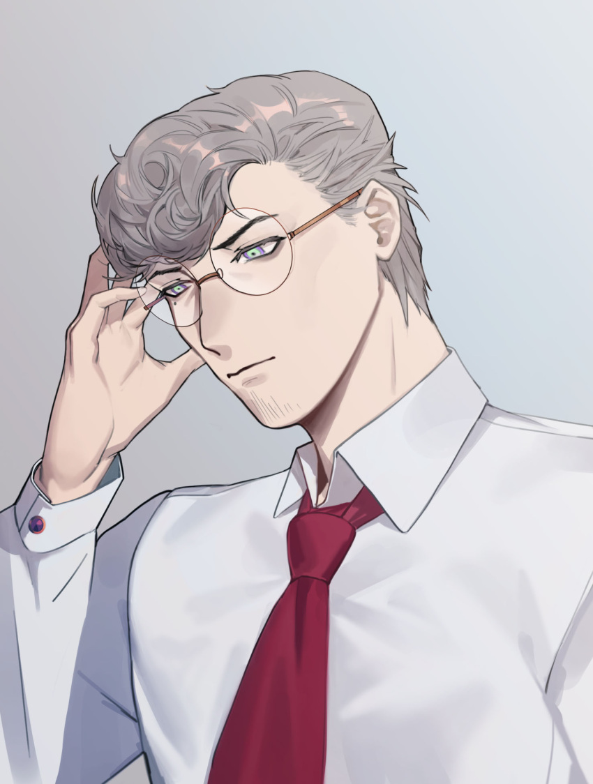 1boy, adjusting_eyewear, amaguni_hitoya, facial_hair, fishfall, glasses, hand_up, highres