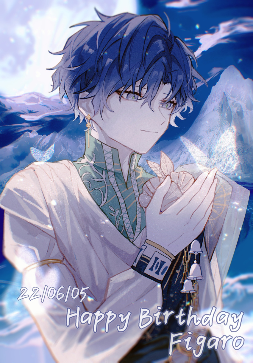1boy, bishounen, blue_hair, bug, butterfly, earrings, figaro_garcia, grey_eyes
