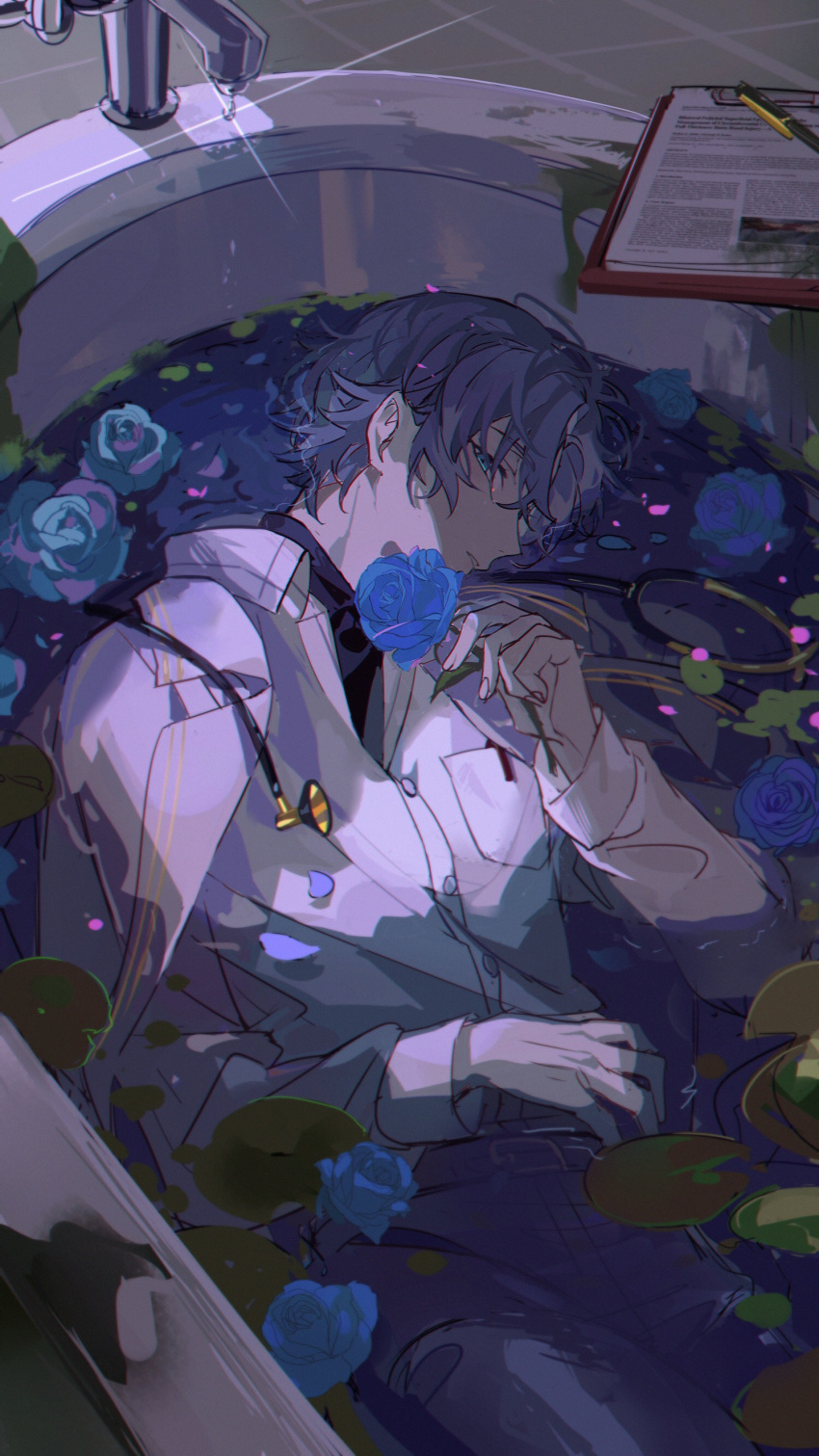 1boy, absurdres, bathtub, bishounen, blue_eyes, blue_flower, blue_hair, blue_rose