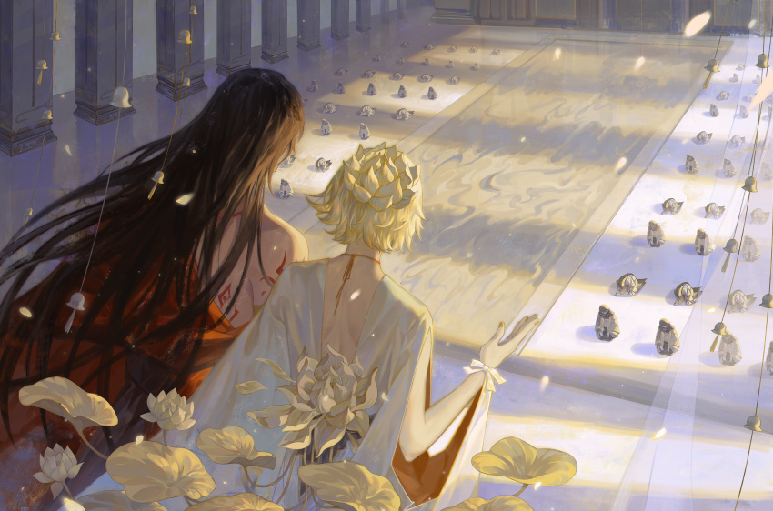 2boys, absurdres, asura_(onmyoji), back, bare_pectorals, bishounen, black_hair, blonde_hair, dark-skinned_male, dark_skin, day, earrings, facial_mark, flower, highres, japanese_clothes, jewelry, light_rays, long_hair, lotus, lotus_hair_ornament, male_focus, multicolored_hair, multiple_boys, onmyoji, outstretched_hand, pectorals, short_hair, sunlight, sweetving, taishakuten_(onmyoji), tattoo, two-tone_hair, upper_body, white_hair