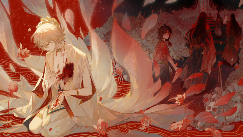 2boys, absurdres, asura_(onmyoji), bare_pectorals, bishounen, black_hair, blonde_hair, blood