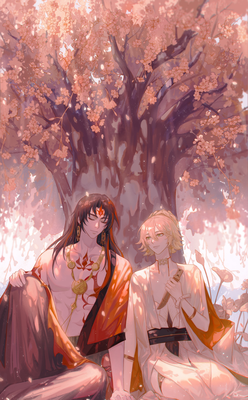 2boys, absurdres, asura_(onmyoji), bare_pectorals, bishounen, black_hair, blonde_hair, bracelet