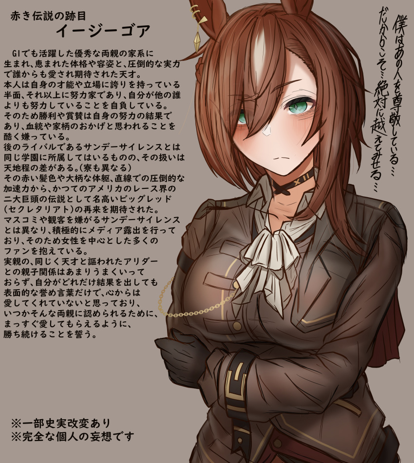 1girl, absurdres, animal_ears, ascot, brown_background, brown_capelet, brown_choker, brown_jacket, capelet, chain, character_profile, choker, earrings, easy_goer_(racehorse), eyes_visible_through_hair, genderswap, genderswap_(mtf), gold_chain, green_eyes, hair_over_one_eye, highres, horse_ears, horse_girl, jacket, jewelry, leogust, light_brown_hair, long_hair, long_sleeves, multicolored_hair, original, personification, single_earring, solo, translation_request, two-tone_hair, umamusume