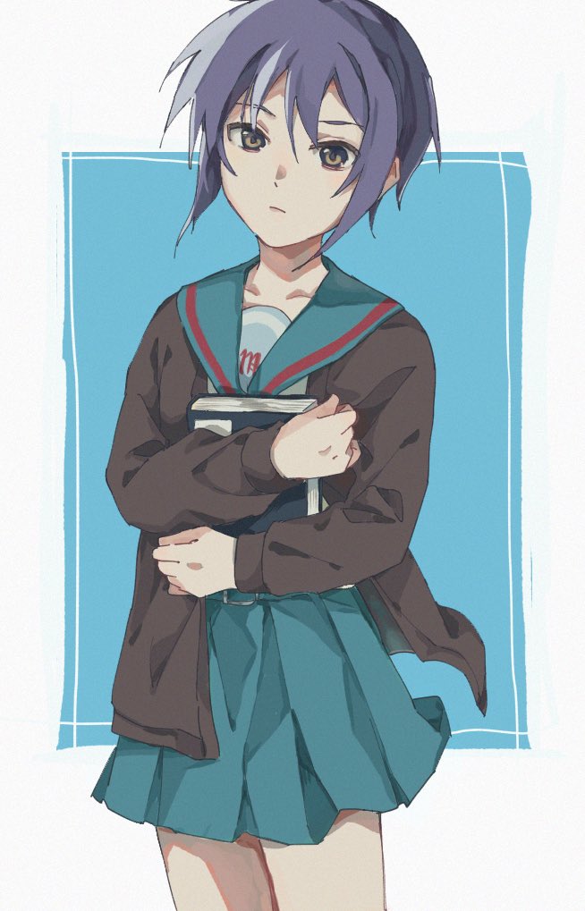1girl, bangs, belt, blue_belt, blue_sailor_collar, blue_skirt, book, book_hug