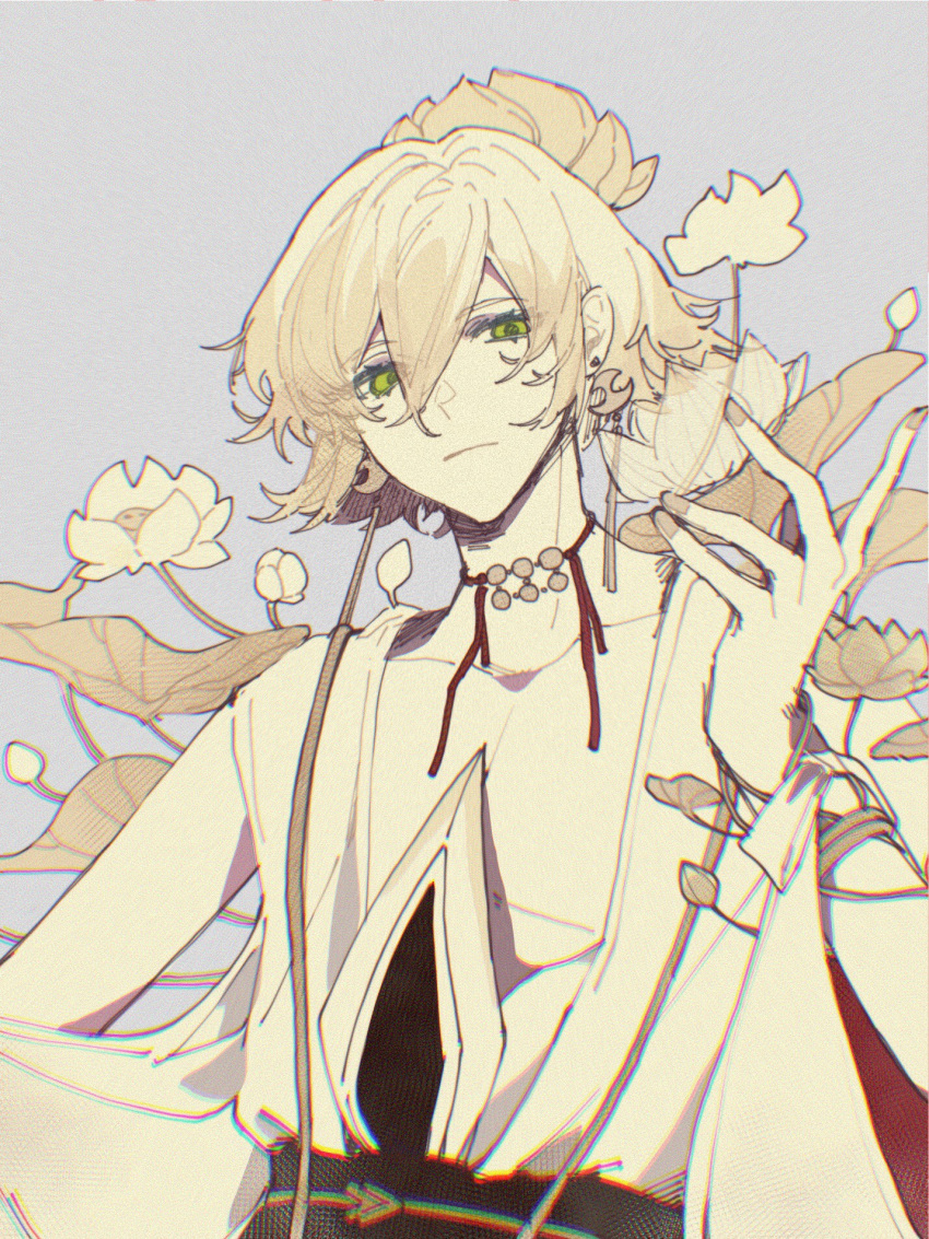 1boy, bare_pectorals, bishounen, blonde_hair, chromatic_aberration, earrings, expressionless, flower
