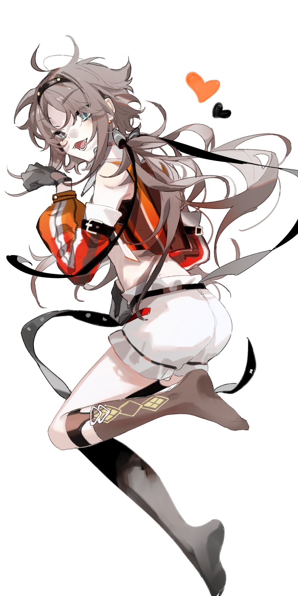 1girl, ahoge, baiwei_lai, bangs, bare_shoulders, belt, black_gloves, black_hairband