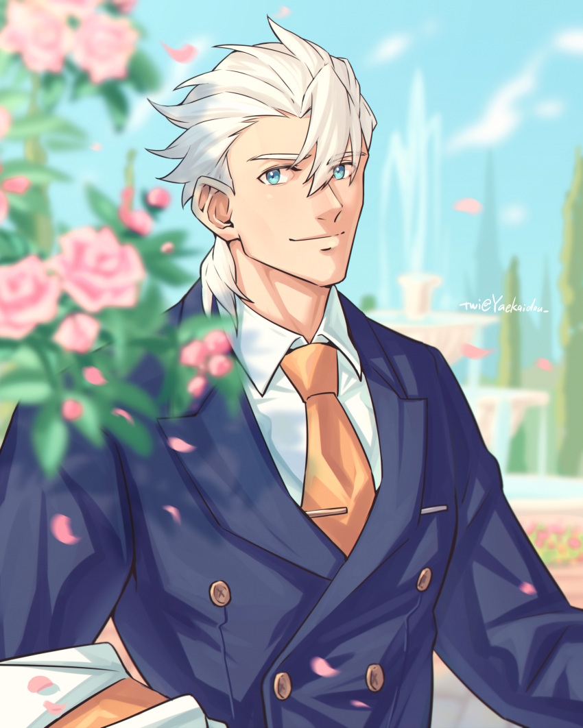 1boy, absurdres, blue_eyes, blue_suit, closed_mouth, fate/grand_order, fate_(series), flower