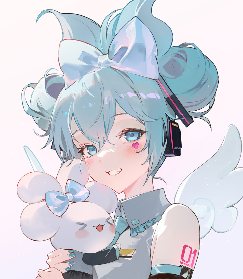 1girl, alternate_hairstyle, bare_shoulders, blue_bow, blue_eyes, blue_hair, blue_nails, blue_necktie