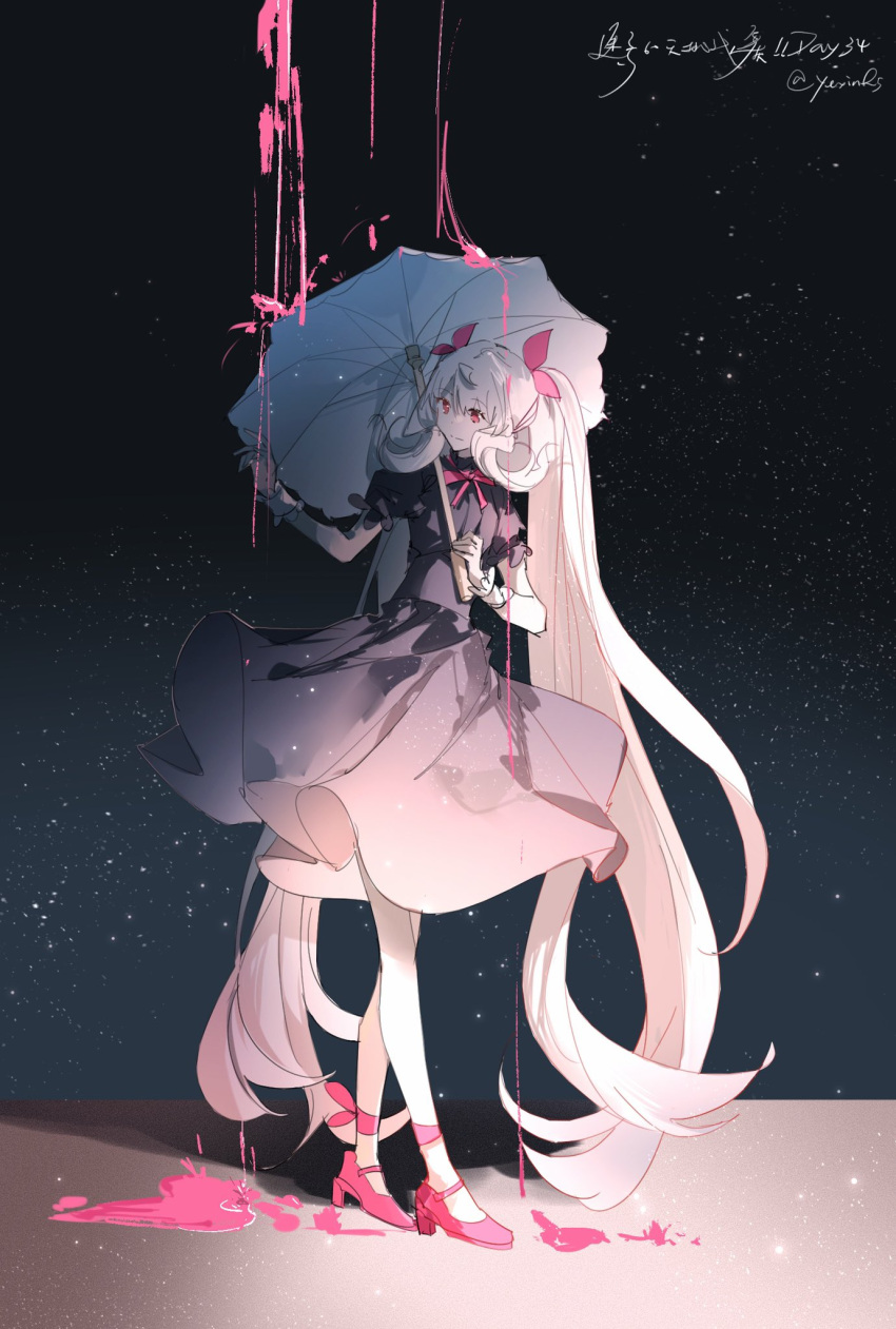 1girl, bangs, bow, breasts, chinese_commentary, grey_hair, high_heels, highres