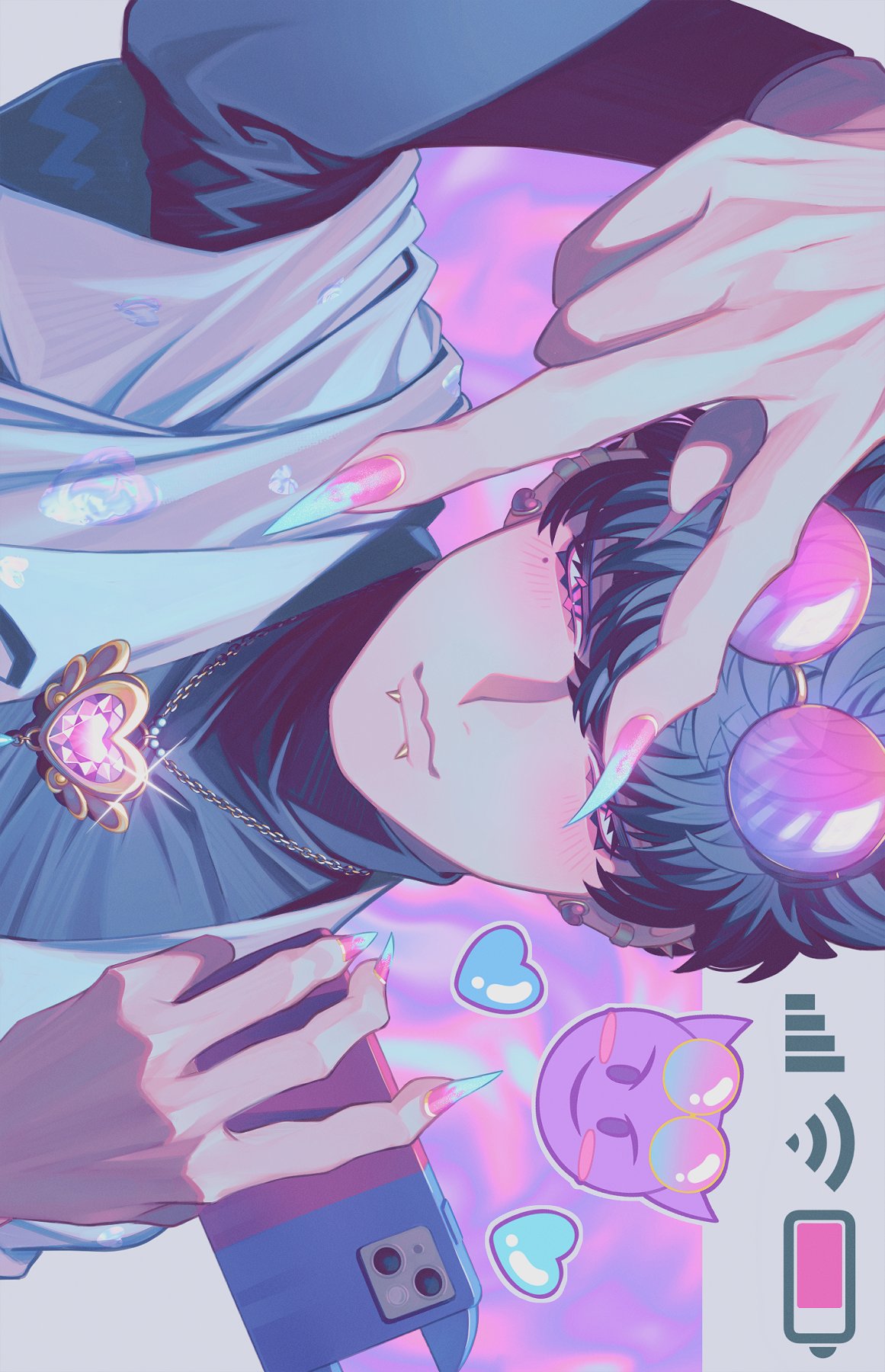 1boy, arm_up, battery_indicator, black_hair, blue_nails, ear_piercing, earrings, emoji