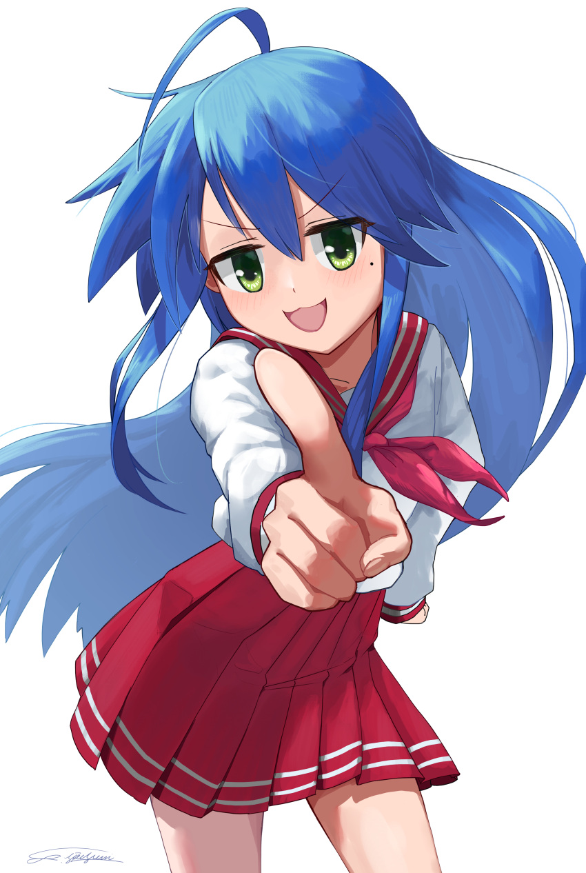 1girl, :3, absurdres, ahoge, bangs, blue_hair, blush, commentary_request, cowboy_shot, foreshortening, green_eyes, hand_on_hip, highres, izumi_konata, leaning_forward, long_hair, long_sleeves, looking_at_viewer, lucky_star, mole, mole_under_eye, open_mouth, pleated_skirt, pointing, pointing_at_viewer, red_skirt, ryouou_school_uniform, school_uniform, serafuku, shiny, shiny_hair, sidelocks, signature, simple_background, skirt, solo, suzu_suzusumi, thighs, white_background