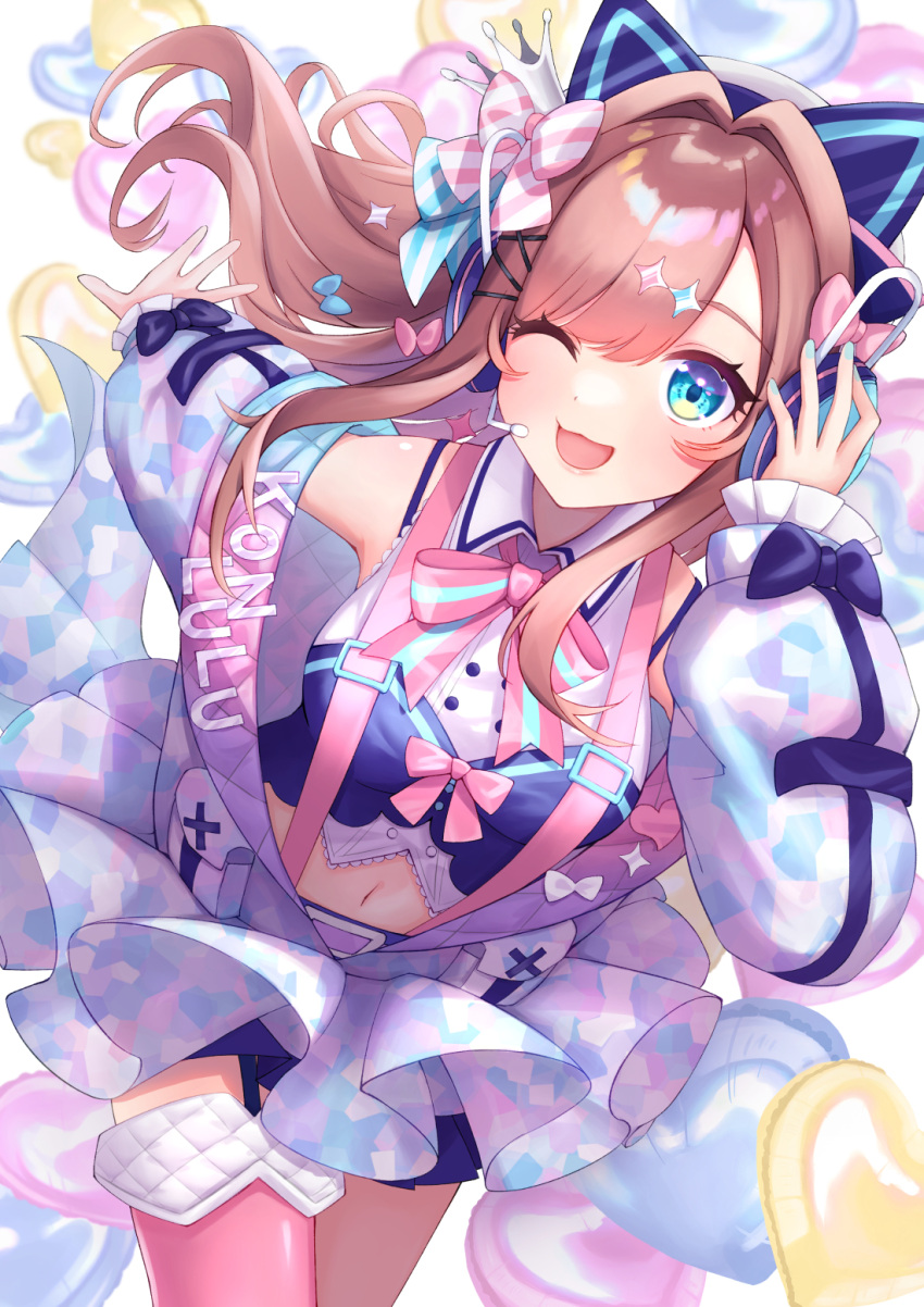 1girl, ;3, animal_ears, blue_eyes, bow, bowtie, breasts, crown, fake_animal_ears, hair_bow, hair_ornament, hairclip, headphones, highres, long_hair, long_sleeves, navel, nijisanji, one_eye_closed, open_mouth, regimiruku, single_thighhigh, smile, solo, suspenders, suzuhara_lulu, thigh-highs, virtual_youtuber, wing_collar, x_hair_ornament