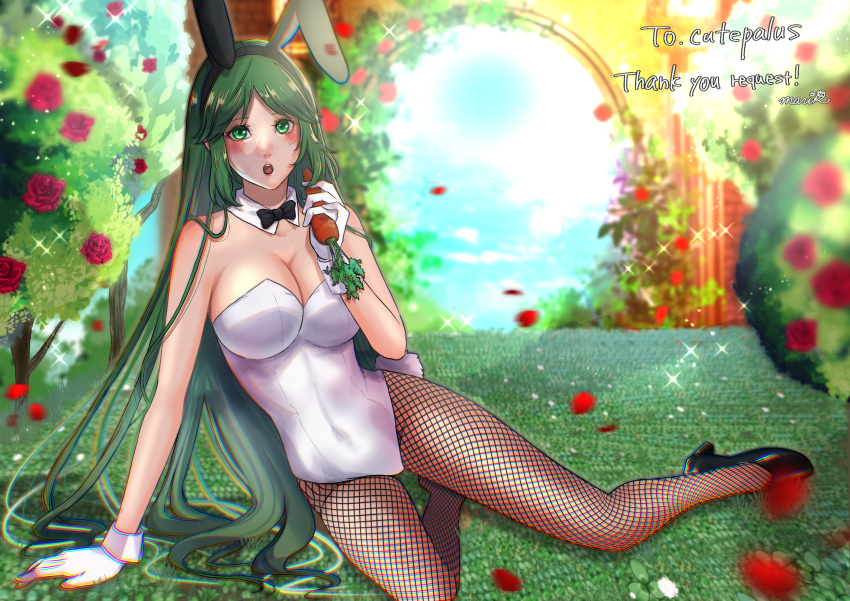 1girl, :o, arm_support, artist_signature, bare_shoulders, black_bowtie, bunny_tail, bunnysuit