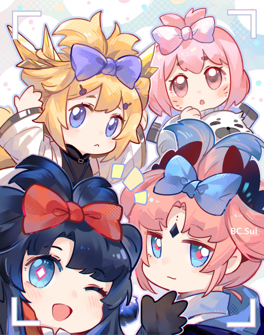 1boy, 3girls, :<, :o, ;d, absurdres, alternate_hairstyle, animal