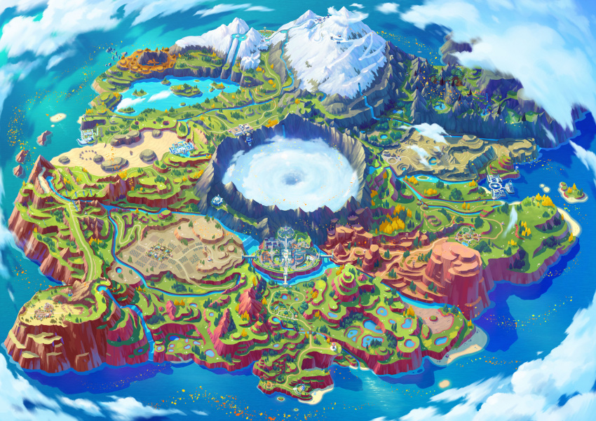 absurdres, artist_request, canyon, cityscape, cliff, desert, forest, highres, lake, map, mountain, nature, no_humans, official_art, plain, pokemon, pokemon_(game), pokemon_sv, snow_mountain, wetland, whirlpool
