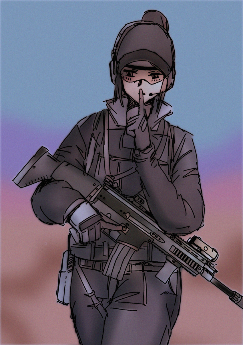1girl, baseball_cap, black_gloves, black_headwear, black_jacket, black_pants, blurry, blurry_background